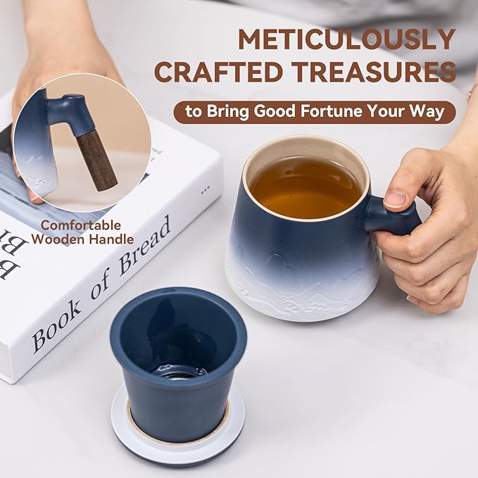 Tea Cup with Infuser and Lid 15oz - Kiln-Transformed Ceramic Mug with Mountain-Ocean Relief, Blue-White Gradient Wood Handle Tea Set, Anniversary Birthday Gift