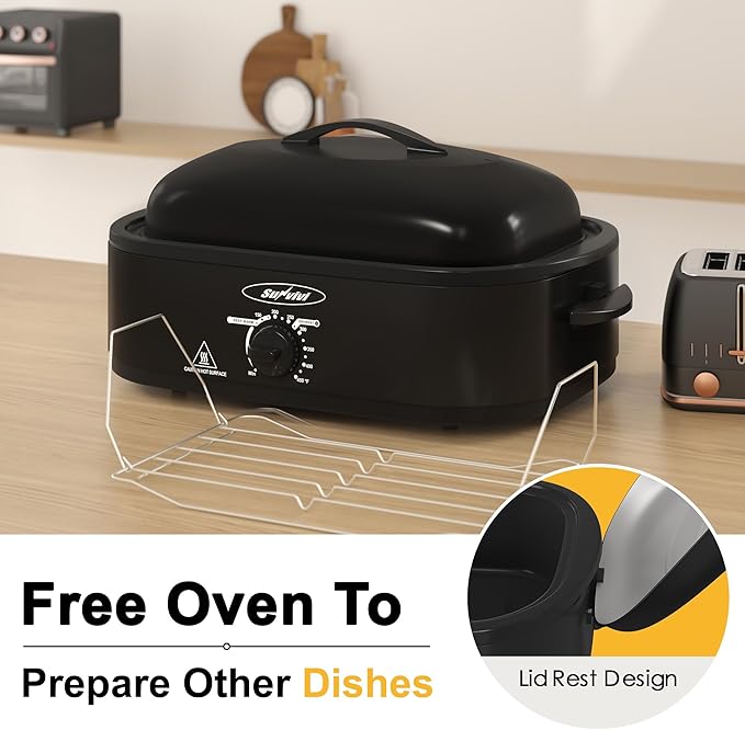 14-Quart Electric Roaster Oven with Self-Basting Lid, Turkey Roaster Oven with Removable Pan and Rack, Stainless Steel, Black, 14 QT