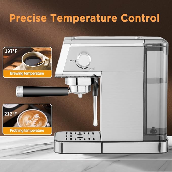 Espresso Machine,15 Bar Semi-Automatic Espresso Maker with Milk Frother,Compact Stainless Steel Coffee Machine with 40oz Removable Water Tank for Cappuccino,Latte, Americano,Sliver for Home