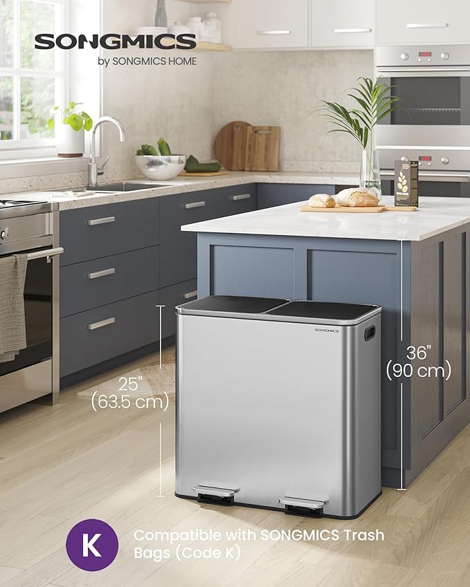 SONGMICS Trash Can, 2 x 10.6 Gallon (2 x 40 L) Garbage Can for Kitchen, with 15 Trash Bags, 2 Compartments, Plastic Inner Buckets and Hinged Lids, Airtight, Silver and Black ULTB730E80
