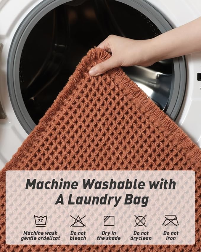AMOAMI Upgraded Waffle Runner Rug Super Absorbent Non Slip Bath Mats for Bathroom Machine Washable Bathroom Runner Rug with Tassels, Ideal for Hallway Bedroom Laundry Room, Dirty Orange, 17" x 72"