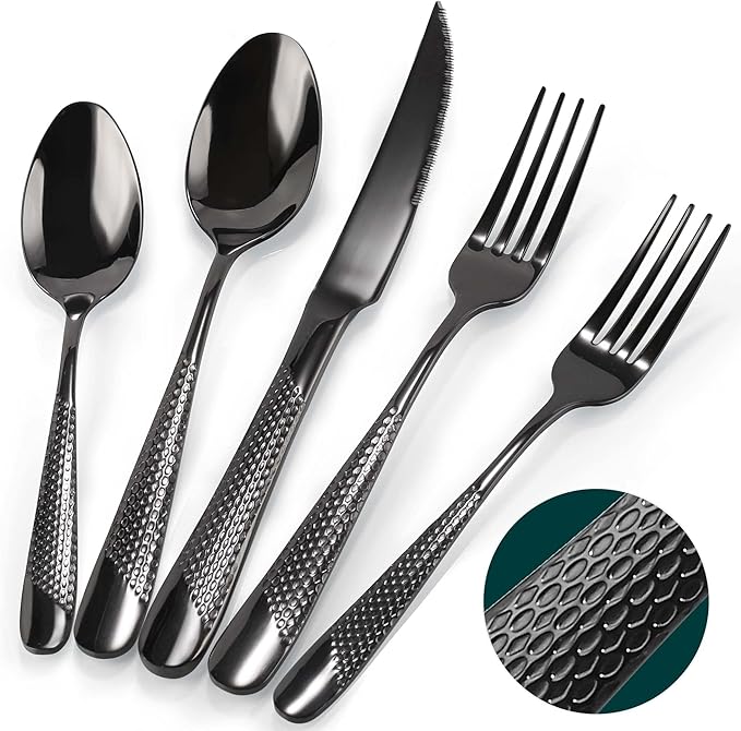 Silverware Set, 30 Pieces Black Hammered Flatware Set for 6, Mirror Polished Stainless Steel Cutlery Set for Home, Kitchen, Restaurant and Hotel, Dishwasher Safe