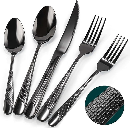 Silverware Set, 30 Pieces Black Hammered Flatware Set for 6, Mirror Polished Stainless Steel Cutlery Set for Home, Kitchen, Restaurant and Hotel, Dishwasher Safe