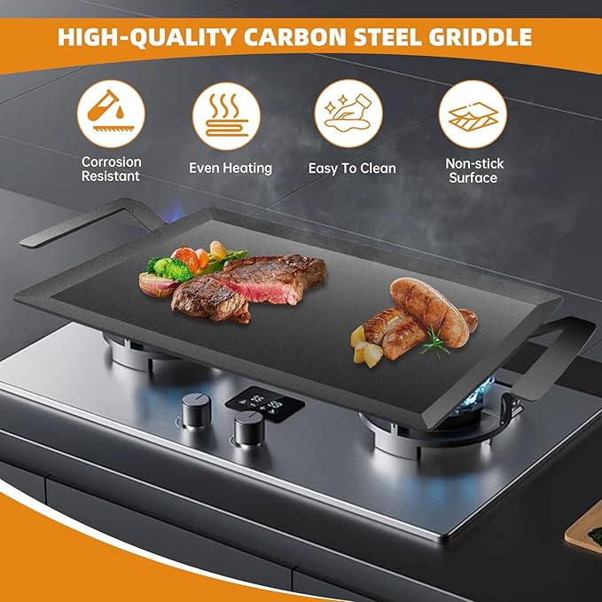 Large Carbon Steel Griddle for Stove Top, Gas Grill, Induction Cooktop and Ovens, Double Burner Griddle Comes with Grill Press, Pre-Seasoned Non-Stick Pan