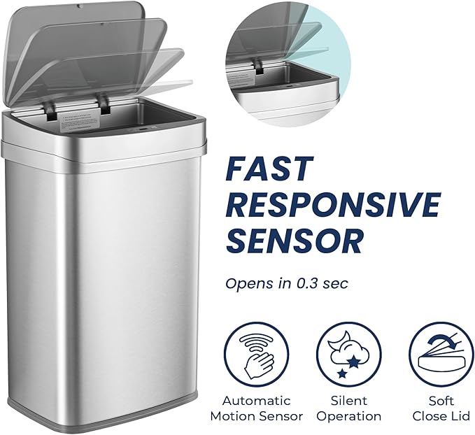Ninestars 13 Gallon Odor Neutralizing Smart Trash Can, UV + Ozone Dual Purification, Odor Control Motion Sensor Garbage Bin, Universal Power Adapter, ONT-50-81SL Stainless Steel, Silver, Nova Series