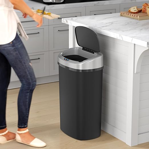 iTouchless 13 Gallon Sensor Kitchen Trash Can with Lid and Odor Filter, Durable Dent-Proof Plastic Automatic Waste Basket Garbage Bin Great for Home, Office, Business, Slim Space-Saving, Oval, Black