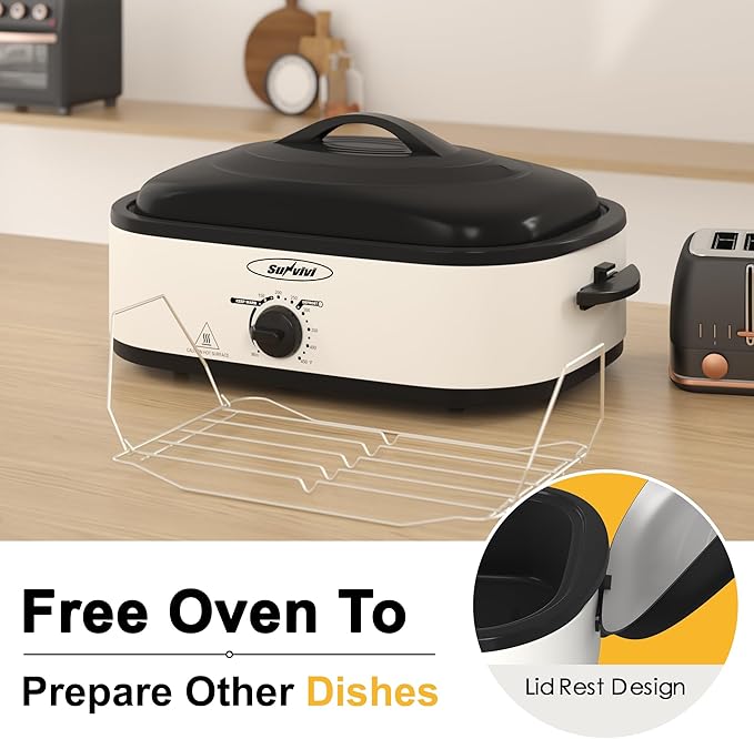 Electric Roaster Oven with Self-Basting Lid, Turkey Roaster Oven with Removable Pan and Rack, Stainless Steel, White, 14QT