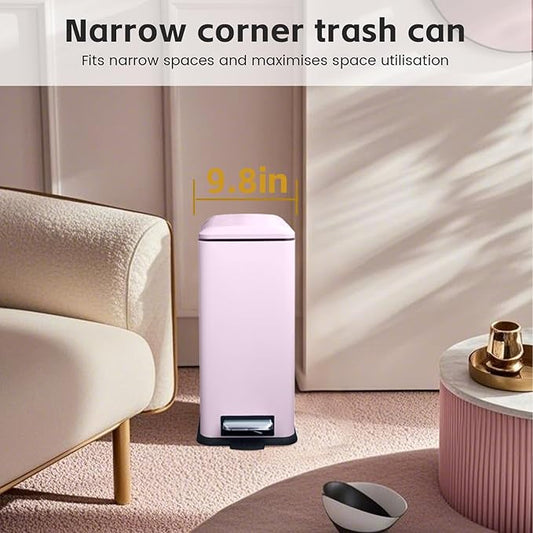 Pink 16.7L/4.4 Gallon Bathroom Trash Can with Lid. Features a removable inner bucket, a soft - close lid, and a stainless - steel step pedal. Ideal for use in the bathroom, kitchen, and home office.