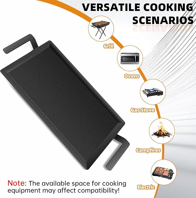Large Carbon Steel Griddle for Stove Top, Gas Grill, Induction Cooktop and Ovens, Double Burner Griddle Comes with Grill Press, Pre-Seasoned Non-Stick Pan