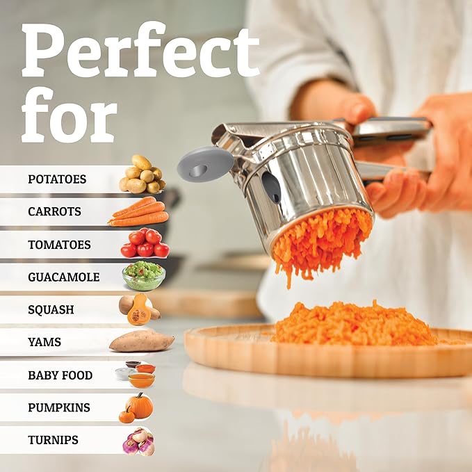 PriorityChef Large 15oz Potato Ricer, Heavy Duty Stainless Steel Potato Masher and Ricer Kitchen Tool, Press and Mash Kitchen Gadget For Perfect Mashed Potatoes - Everytime, Grey