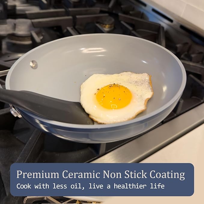 Nonstick Ceramic Sauté Pan with Lid (4.5 qt, 11") Deep Frying Pan for All Cooktops Non Toxic Skillet PTFE/PFOA/PFAS Free, Even Heat Distribution, Oven Safe w/Stay-Cool Handle, Cream