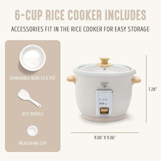 GreenLife Electric Rice Cooker, 3-Cups Uncooked/6-Cups Cooked, Removable PFAS-Free Nonstick Pot, One-Switch Design, Auto Keep Warm, Small Space Saving, Rice Paddle, Soup, Grains, Oatmeal, 1.5 QT, Cream