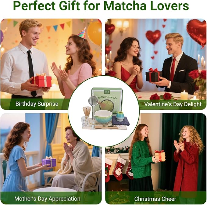 Matcha Whisk Set – 10 Pcs Matcha Set Whisk and Bowl – Ceremonial Matcha Kit, Matcha Starter Kit & Accessories – Glazed Aqua Ombre Japanese Matcha Set Gift for Tea Ceremony and Matcha Lovers