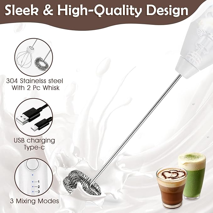 Milk Frother - Electric Handheld Milk Foam Maker with 2 Stainless Steel Whisk, Rechargeable 3 Speeds for Coffee Lattes Cappuccino Matcha