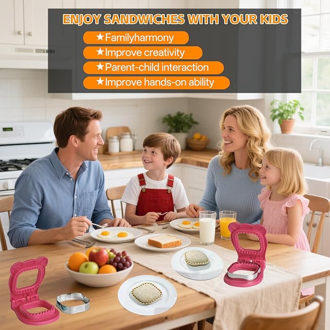 Sandwich Cutter and Sealer - 3.7" Circle & Square Pocket Sandwich Maker, Intuitive & Easy-to-Use for Boys &Girls, Perfect for Breakfast & Lunchboxes (Fuchsia, Square)