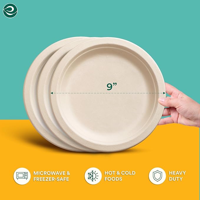 ECO SOUL 100% Compostable 9 Inch Paper Plates 1000 [8x125 Pc] Disposable Heavy Duty Eco-Friendly Sturdy Dinner, Wedding, Event Plates I Biodegradable Unbleached Sugarcane Eco Plates