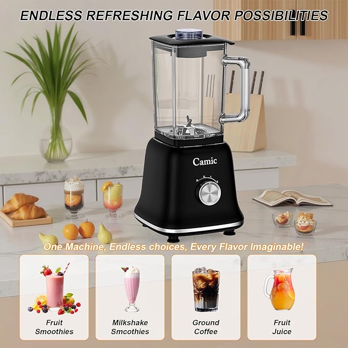 Camic 750W Professional Blender,6-Cup Glass Jar Blender for Smoothies and Shakes with 6 Sharp Stainless Steel Blades,Ice Crush Function,for Juice,Puree, Soup(Black)