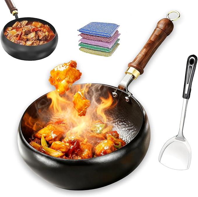 Jinswhdre Cast Iron Skillet, 9.5/11in Jinswhdre Japanese Irons Pan, Hand Forged Uncoated Iron Pan with Lid Spatula, Non-stick Wok for Cooker Gas Stir Fry Pans Durable and Rust-Free (No Lid,10.2in)