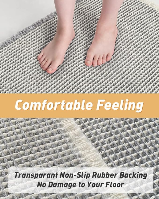 Upgraded Waffle Runner Rug Super Absorbent Non Slip Bath Mats for Bathroom Machine Washable Bathroom Runner Rug with Tassels, Ideal for Hallway Bedroom Laundry Room, 17" x 60", LightGrey & Cream