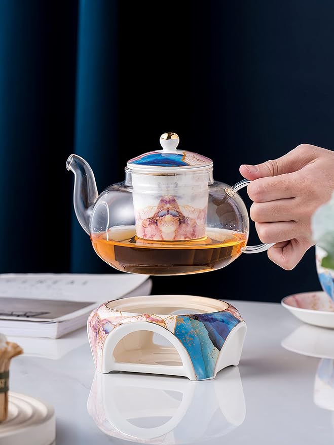Jusalpha Fine China Rainbow Galaxy Series Glass Tea Pot with Infuser-Teapot Warmer Teacup and Saucer Set with Spoon in Gift Box- 16 pcs in 1 set, (FD Glass pot set 08)