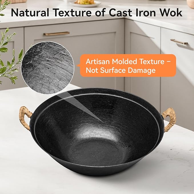 WANGYUANJI Traditional 14.2" Iron Wok – Versatile Stir-Fry Pan with Dual Handles, Wooden Lid & Stainless Steel Spatula