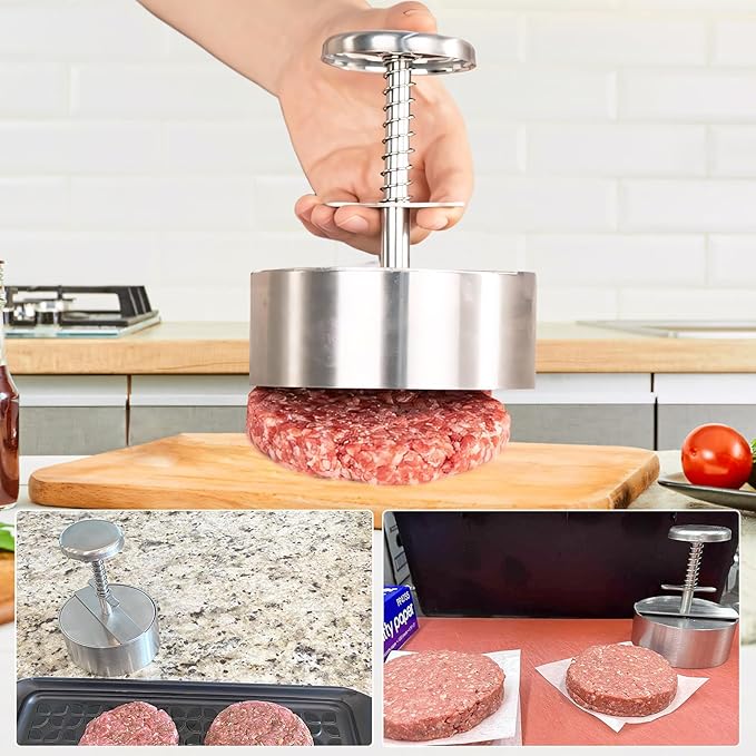 Owfeel Burger Meat Press, 304 Stainless Steel 4.5inch Adjustable Hamburger Patty Maker, Non-Stick Hamburger Press for Kitchen BBQ Grill