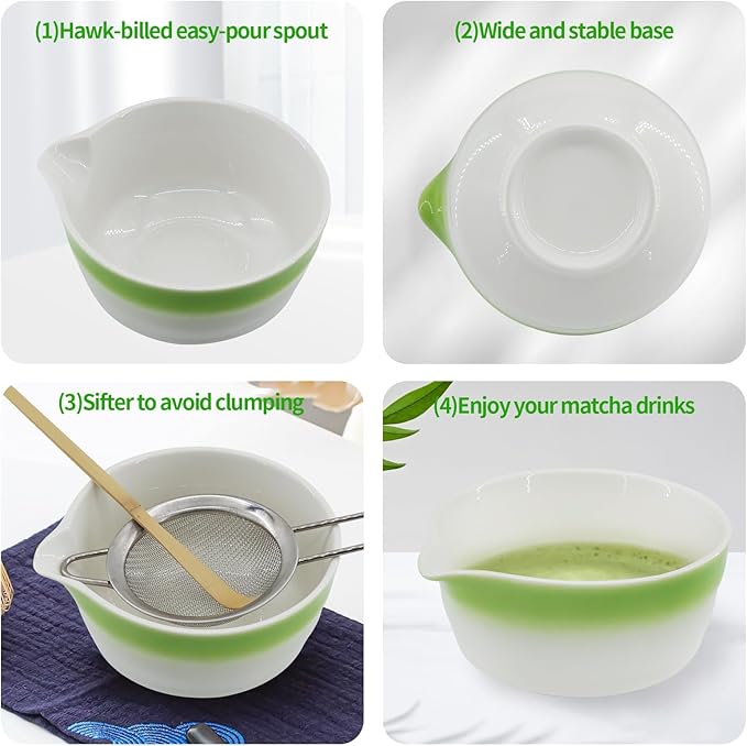 Matcha Whisk Set,7-Pcs Matcha Making Kit with Matcha Bowl,Whisk,Chasen Holder, Sifter, Tea Towel,Measuring Spoon,Bamboo Scoop,Ceremony Matcha Set Lovers Gift (Green)
