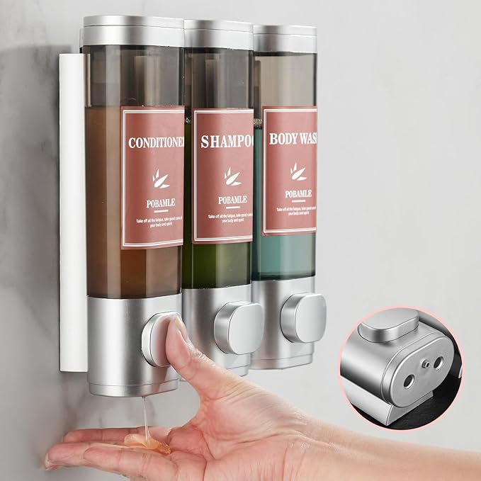 Shampoo and Conditioner Dispenser Wall Mounted Shower Soap Dispenser No Drill Shampoo Dispenser for Shower 3 Chamber Bathroom Body Wash Shower Gel Holder Sliver