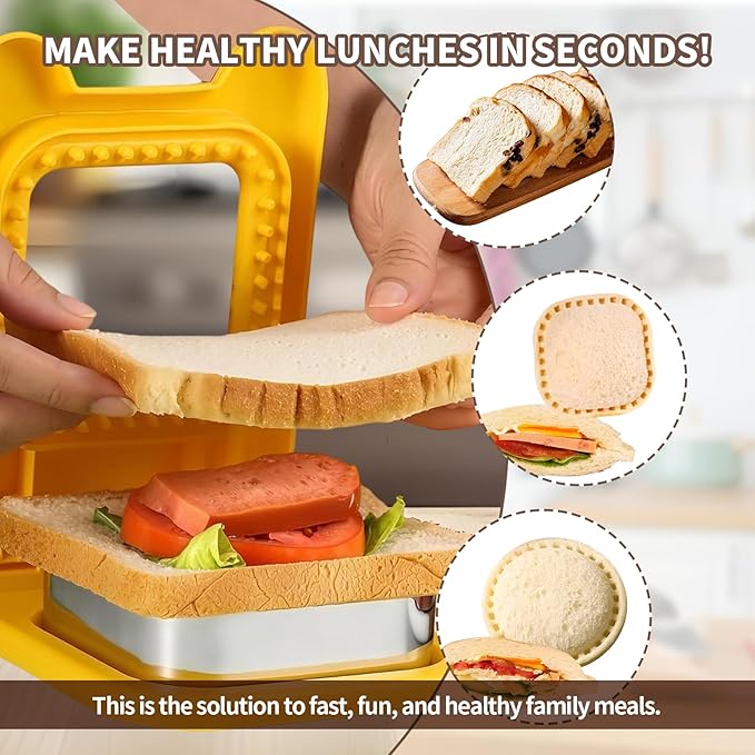 Uncrustable Sandwich Maker Sandwich Cutter and Sealer 2-in-1, Square Crustless Sandwich Maker for Lunch, Picnic, School, Fast Healthy Snacks (Yellow)
