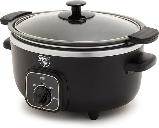 GreenLife 3.5QT Slow Cooker, Non-Toxic PFAS-Free Ceramic Nonstick Removable Interior Bowl, Programmable, Keep Warm, Stovetop & Oven Safe, Dishwasher Safe Parts, Glass Lid, Black
