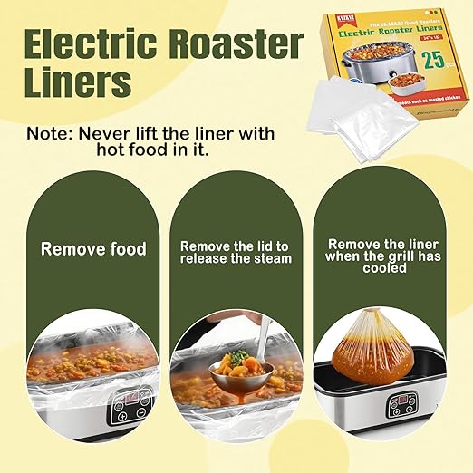 25 Count Electric Roaster Liners, 34" × 18" Roaster Liners Disposable, Fits 16, 18, and 22 Quart, Up to 350° F, High Temperature Resistant Stew Cooking Bags, Food Grade Material