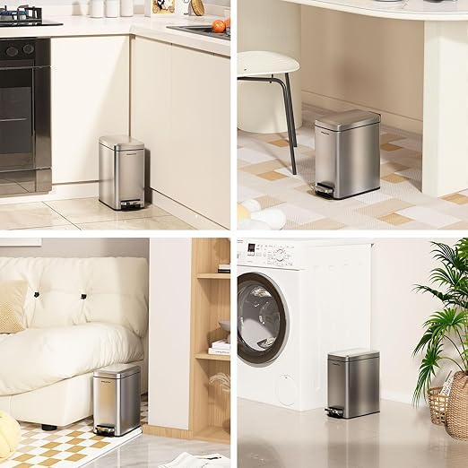 Small Bathroom Trash Can with Soft-Close Lid，6L/1.6 Gal Stainless Steel Slim Step Garbage Can with Removable Inner Bucket for Bedroom、Bathroom