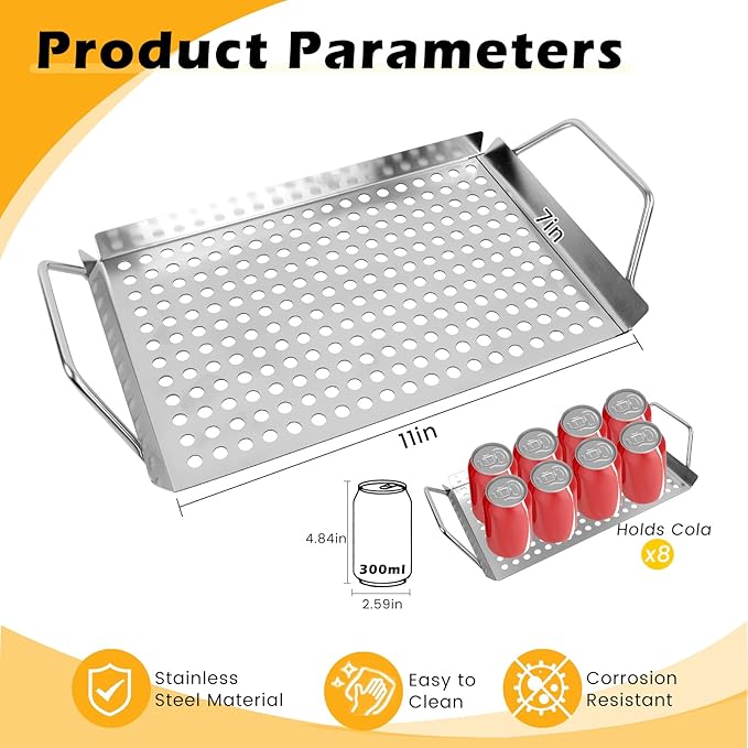 11 x 7 Inch Nonstick Grill Tray with Handles,Perforated Stainless Steel Grill Pans for Outdoor Grill,Heavy Duty Grilling Accessories for Charcoal/Gas Grills,Easy to Use and Clean