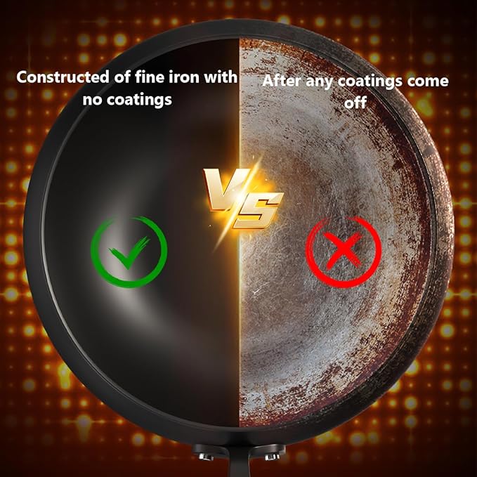 Unadulterated Iron Frying Pan, Uncoated Heats Evenly Multi-Purpose Frying Pan for Any Stovetop, Oven or Even Campfire with Tempered Glass Lid and Wooden Handle