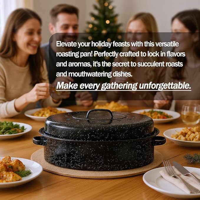 19” Turkey Roasting Pan Enamel Oval Granite Large Roaster Pan with lid with 17in Inner Diameter Large Capacity Suitable for Thanksgiving Day Enamel Cook Ware Dishwasher Compatibility Oven