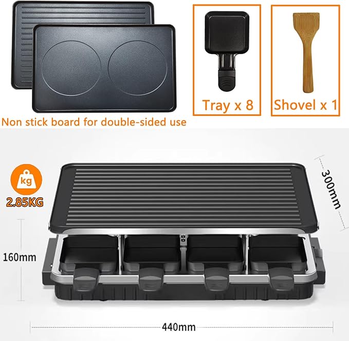 Korean BBQ Grill 2 in 1 Electric Griddle, Nonstick Electric Raclette Grill with 8 Raclette Pans, Adjustable Temperature 1300W,Reversible Smokeless for Indoor Family Party