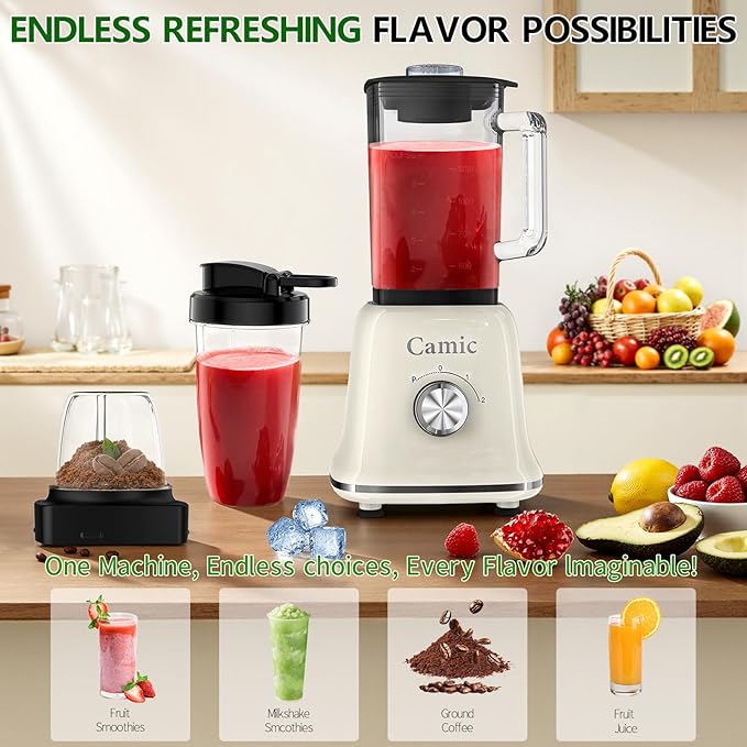 Camic 750W Professional Blender,6-Cup Glass Jar Blender for Smoothies and Shakes with 6 Sharp Stainless Steel Blades,Ice Crush Function,for Juice,Puree, Soup(White)