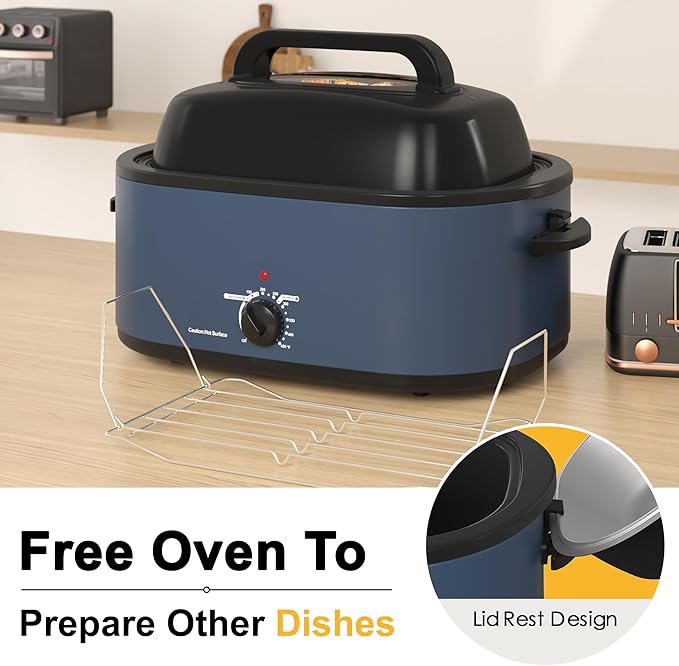 Roaster Oven, Electric Roaster Oven with Viewing Lid, Large Roaster with Removable Pan & Rack, Turkey Roaster with Unique Defrost/Warm Function, Stainless Steel, Blue, 22QT