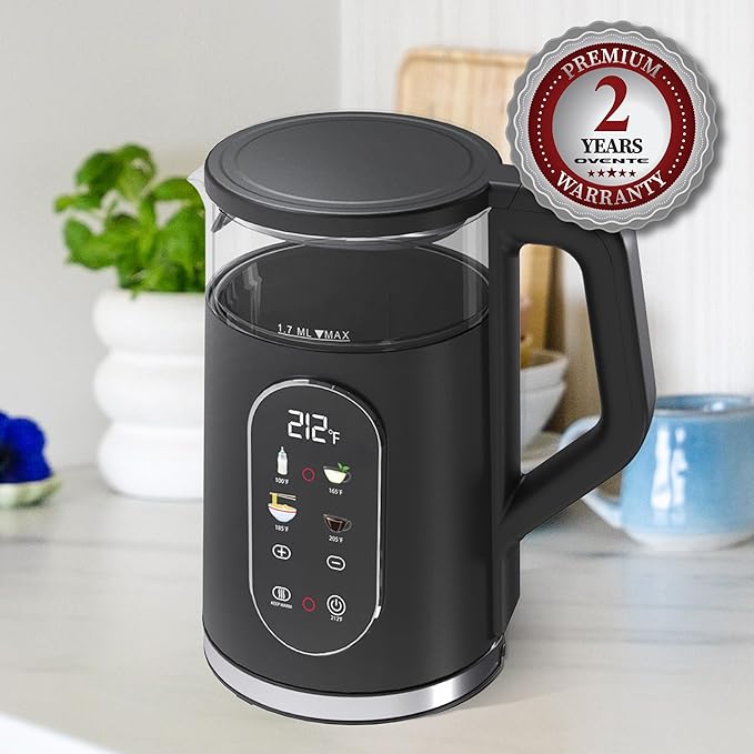 OVENTE Electric Kettle 1500W Fast Boiling Water Heater with 1.7L Double Wall Insulated Borosilicate Glass Interior, Digital Touchscreen, Keep Warm, Auto-Shut Off and Boil-Dry Protection, Black KD96B
