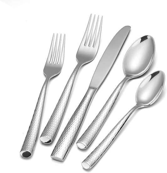 40-Piece Hammered Flatware Set, 18/10 Extra Heavy Weight Flatware for 8, High End Forged Silverware Set, Thick Handle, Dishwasher Safe