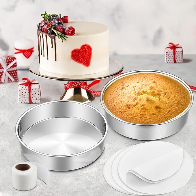 8 Inch Cake Pan Set of 2, E-Far Stainless Steel Round Layer Cake Baking Pans with Parchment Rounds & Side Liner Roll, Non-Toxic & Healthy Metal Cakes Tin, Straight Side & Dishwasher Safe