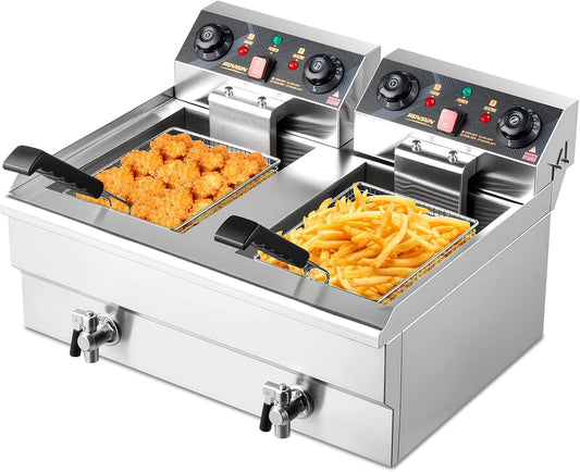 ROVSUN 24.9QT Electric Deep Fryer with Baskets, Timer Drains & Lids, 3400W Commercial Deep Fryer, Dual Tank Kitchen Countertop Frying Machine, Adjustable Temperature for Home Restaurant
