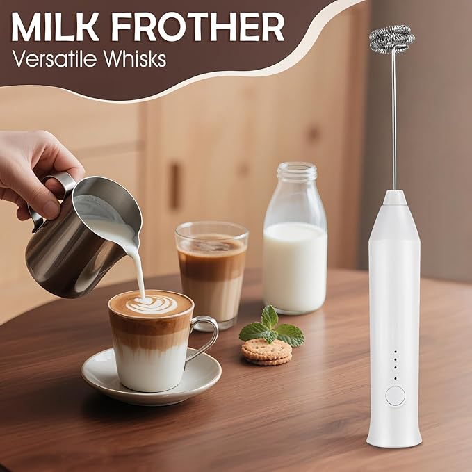 Milk Frother - Electric Handheld Milk Foam Maker with 2 Stainless Steel Whisk, Rechargeable 3 Speeds for Coffee Lattes Cappuccino Matcha