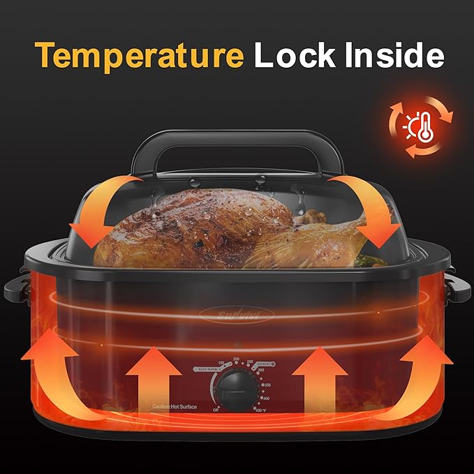 Roaster Oven, Electric Roaster Oven with Viewing Lid, Large Roaster with Removable Pan & Rack, Turkey Roaster with Unique Defrost/Warm Function, Stainless Steel, Red, 26QT