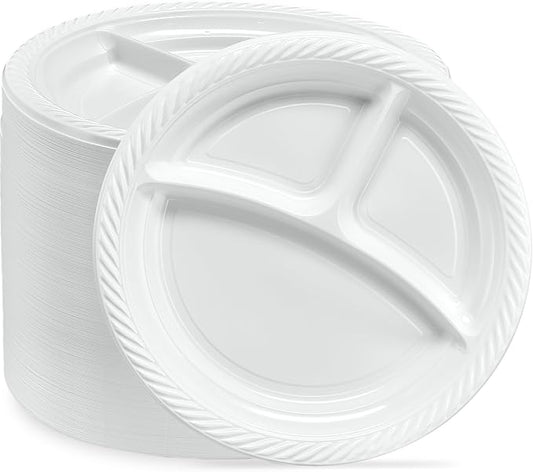 PLASTICPRO 9 inch Round Plastic Plates 3 Compartment - 3 Section Plates Microwaveable, Disposable, White, Dinnerware 400 Count