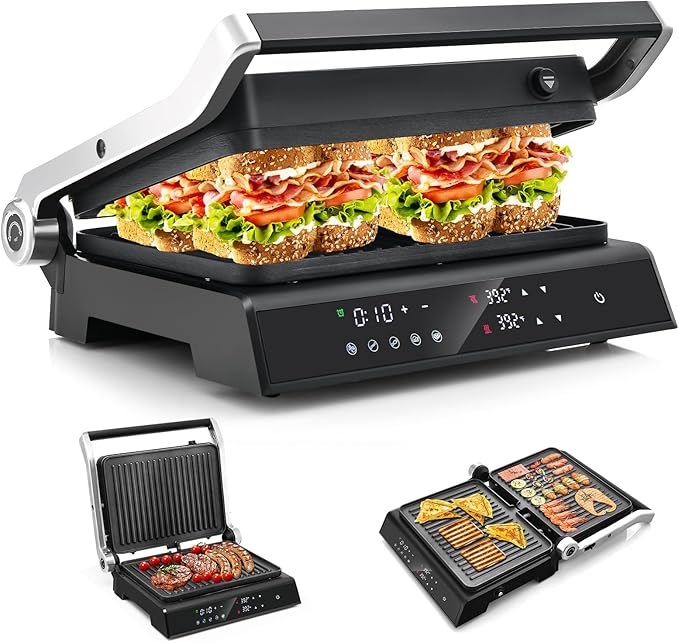 Giantex Panini Press Sandwich Maker, 3-in-1 Electric Indoor Grill, 2 Removable & Dishwasher Safe Non-Stick Plates, Drip Tray, 5 Auto Modes, Upper & Lower Independent Temperature Control, 4 H Timer