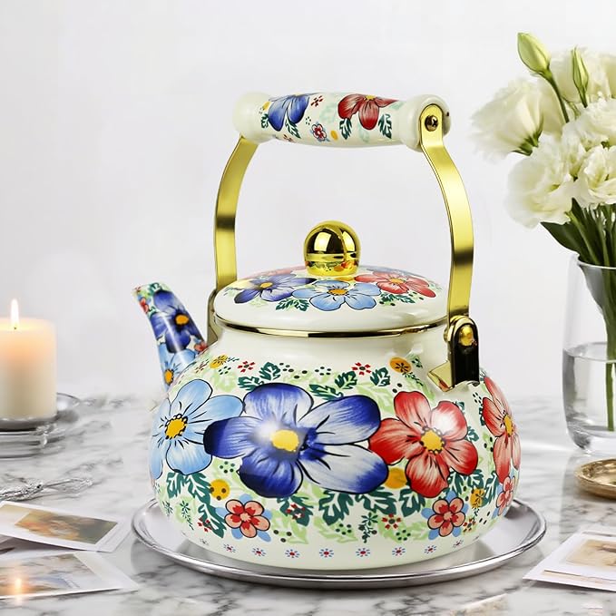 2.5L Enamel Tea Kettle, Bohemia Blue Flower Stovetop Teapot, Stylish Retro Steel Enamel Hot Water Kettle, Retro Classic Design Ideal Home Decor/Christmas Gift