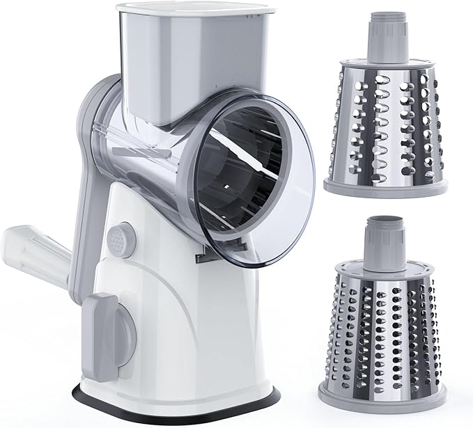 RAINBEAN Rotary Cheese Grater for Kitchen, Hand Crank Cheese Shredder with 3 Interchangeable Blades, Rotary Grater with Handle and Strong Suction Base, for Vegetables, Fruit, Nuts