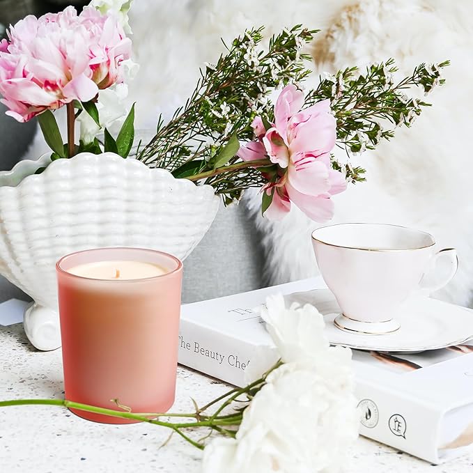 Thick Candle Jars for Making Candles 16 Pcs, 7 OZ Empty Jars with Wood Lids for Candle Making, Sample Container, Frosted Pink