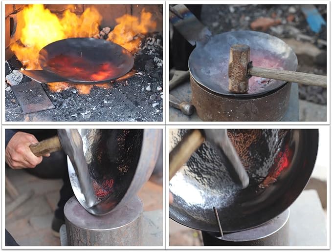 Wok Pan Nonstick Chinese Hand Hammered Woks and Stir Fry Pans Non-stick Carbon Steel Wok Utensils No Coating(13.3 Inch, Round Bottom) 1.8 mm thickness